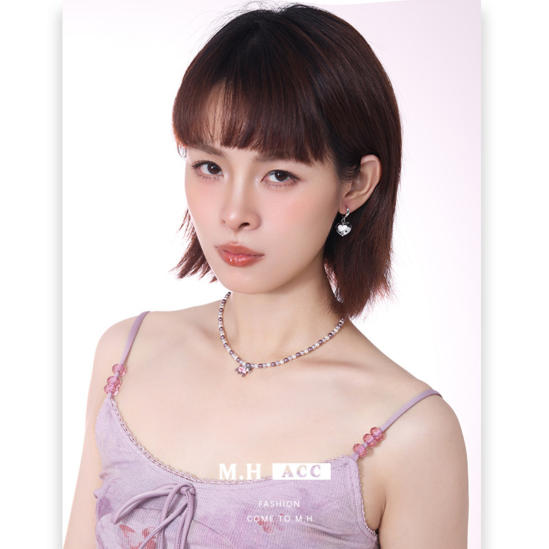 Dopamine Pink Sausage puppy pearl necklace for women, 2025 new high-end, light luxury and niche collarbone chain accessory Specification drawing