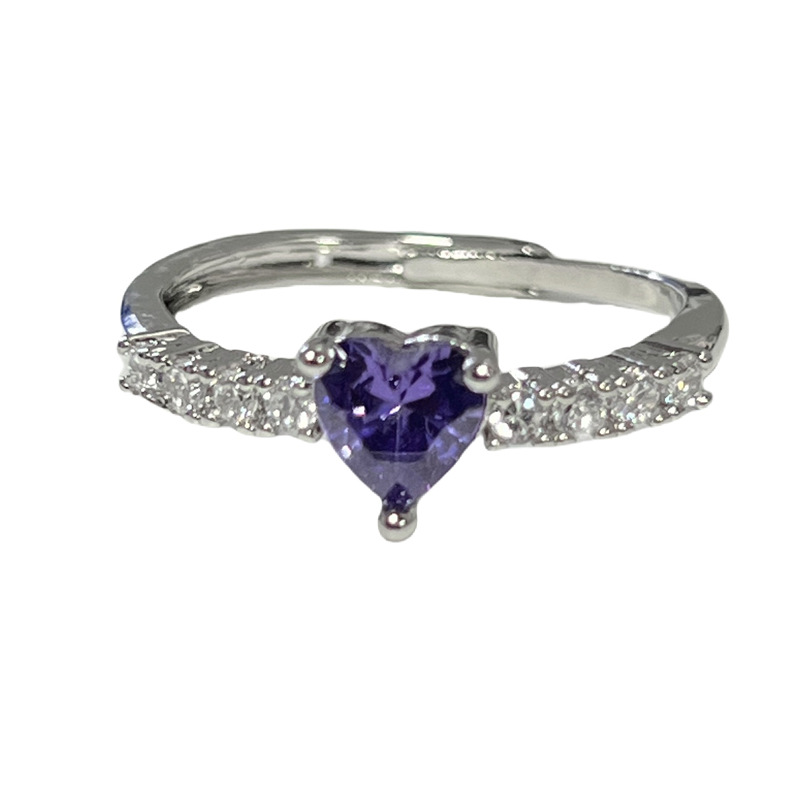 Sweet, cool and high-end heart-shaped purple diamond niche open ring for women's Instagram cold style Korean style fashionable index finger ring Item Picture