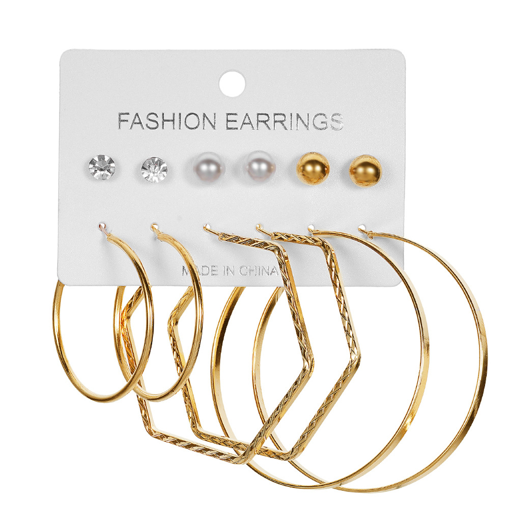 New metal ear ring set of 6 pieces, retro pearl and diamond ear ring earrings, high-end European and American earrings, exuding a sense of sophistication Item Picture
