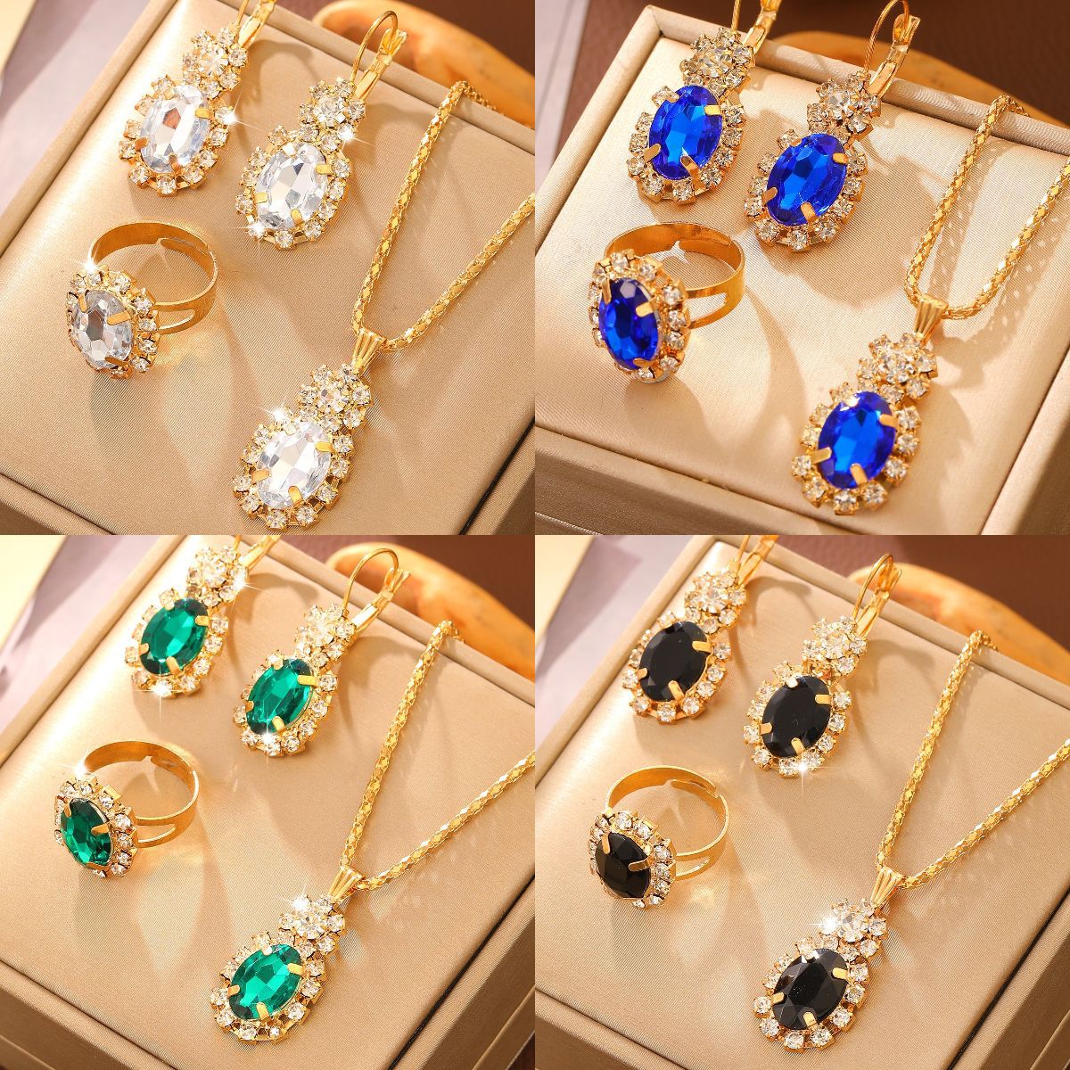 European and American ins teardrop oval jewelry set, fashionable colorful rhinestone necklace, earrings and ring set, bridal accessories full figure