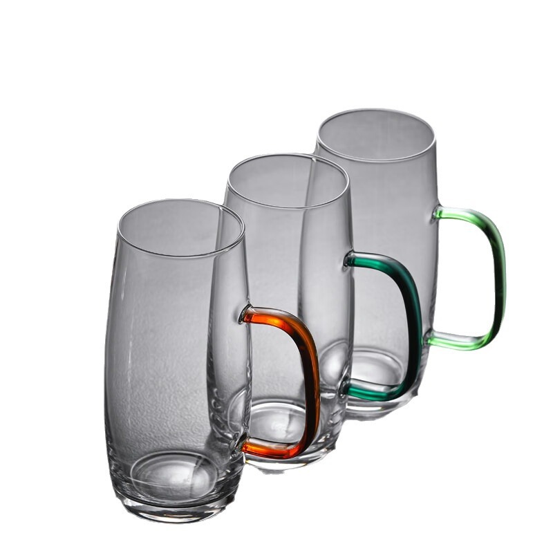 Large-capacity thickened colored handle high borosilicate glass cup, simple high-temperature resistant green tea cup, household transparent tea brewing cup Item Picture