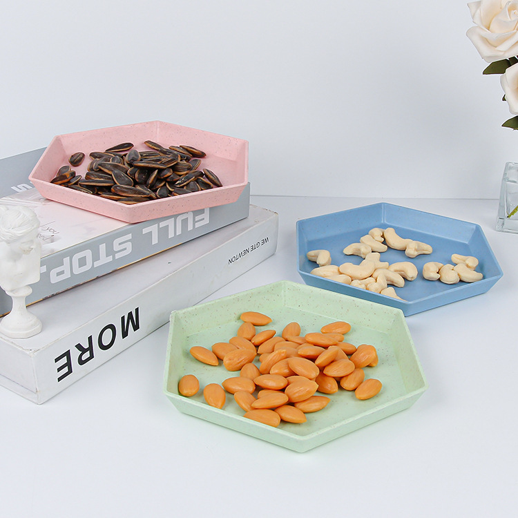 Wholesale of cross-border wheat straw round plates, household hexagonal fruit plates, creative plastic bone-spitting plates and garbage plates details Picture