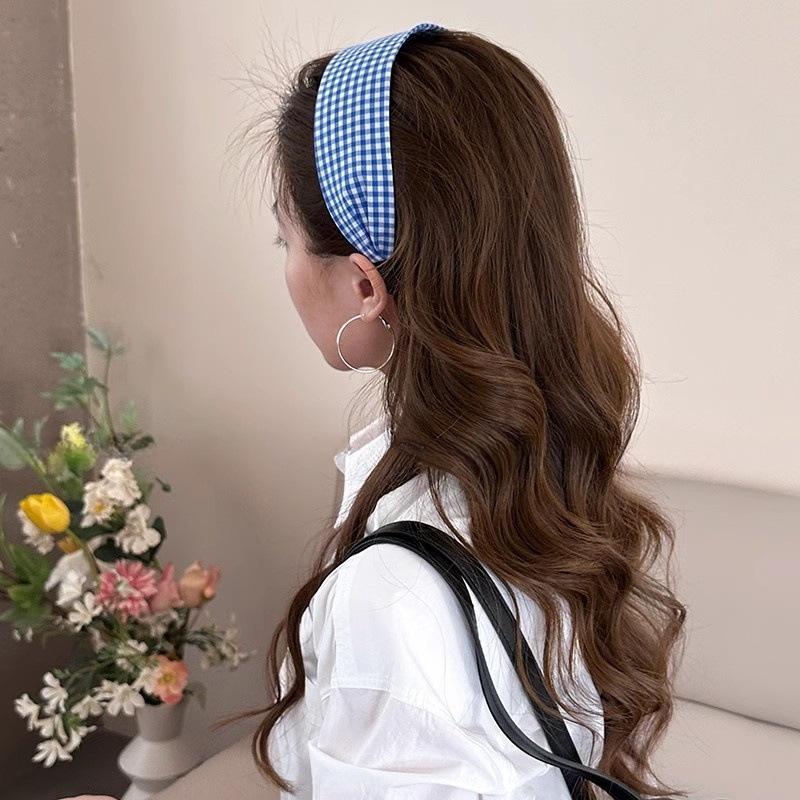 Blue checkered wide-edge headband for women, 2025 new style with teeth, anti-slip face-washing headband, simple headwear Specification drawing
