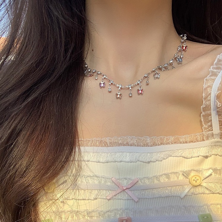 Summer style ~ Rainbow-colored tassel zircon necklace for women with a light luxury and niche design sense collarbone chain Application Scenario