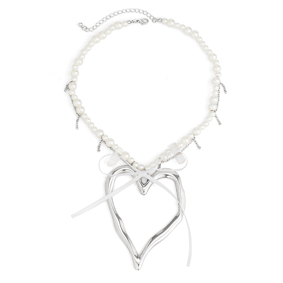 European and American cross-border exaggerated metal large heart pendant necklace, sweet and elegant female imitation pearl bow necklace Specification drawing