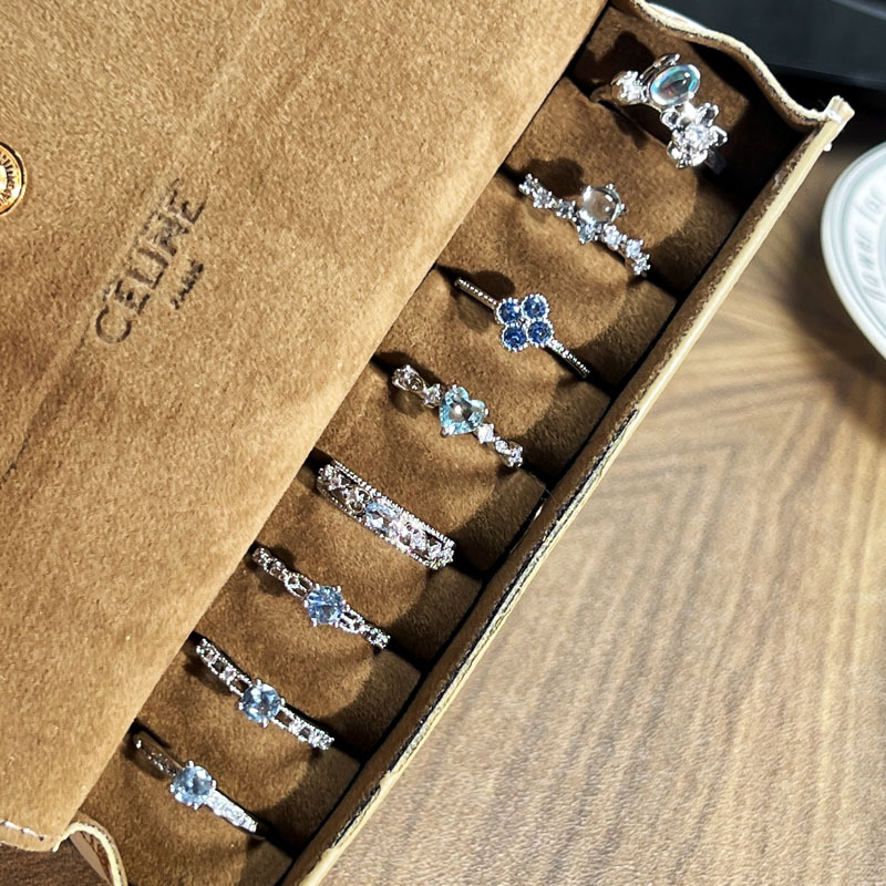 French cold and elegant blue diamond geometric micro-set open ring, women's Instagram cold style, light luxury and simple moonstone ring Specification drawing