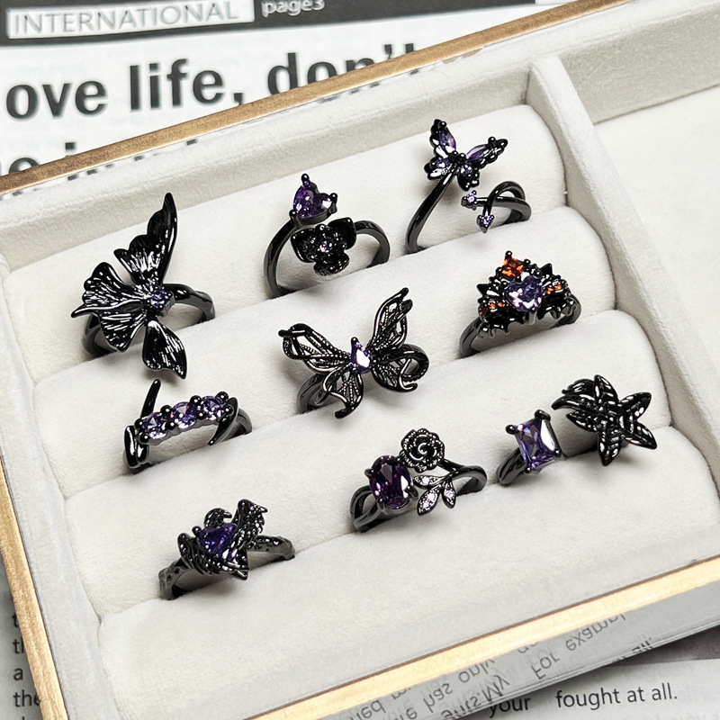 Sweet and cool dark style purple diamond retro open-top ring, gender-neutral trend, European and American punk high-end layered index finger ring details Picture