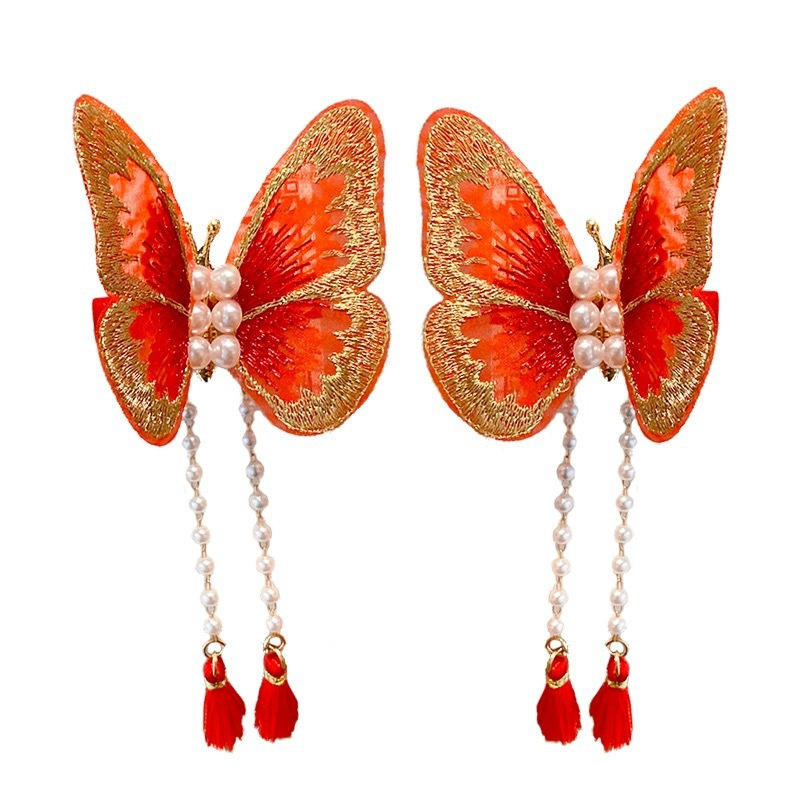 Children's New Year hair accessories, Chinese-style embroidered red New Year butterfly hair clips, festive Hanfu bride's headwear, hair clip accessories Item Picture