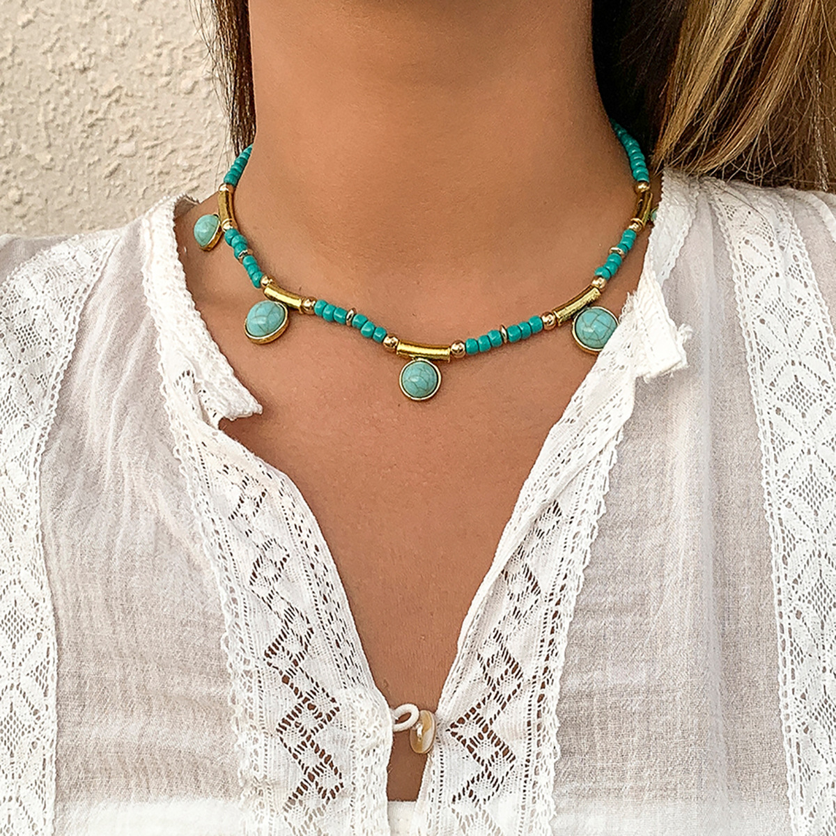 European and American cross-border jewelry, retro patchwork turquoise geometric tassel hanging ball necklace, pastoral mixed and matched round bead chain necklace Specification drawing
