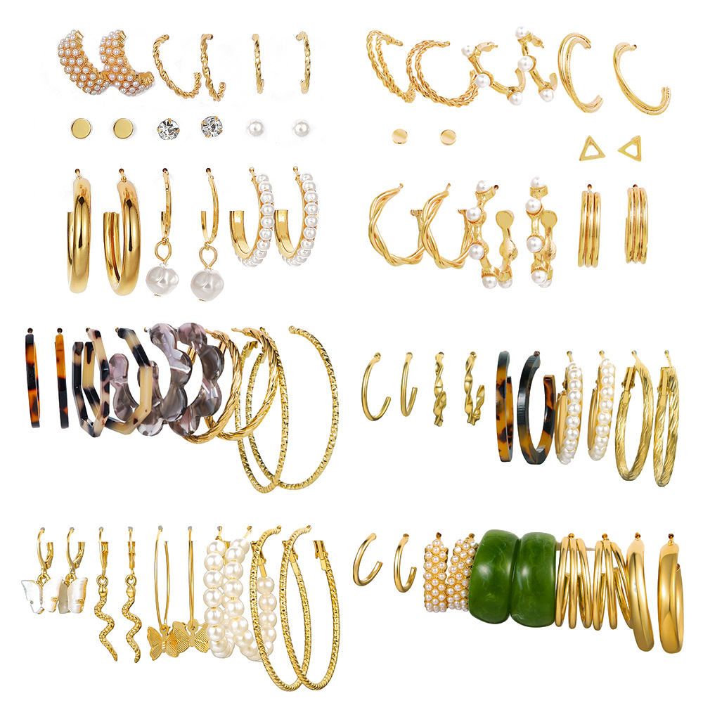 Cross-border source fashion combination earrings, simple 38-pair creative butterfly pearl stud earrings set full figure