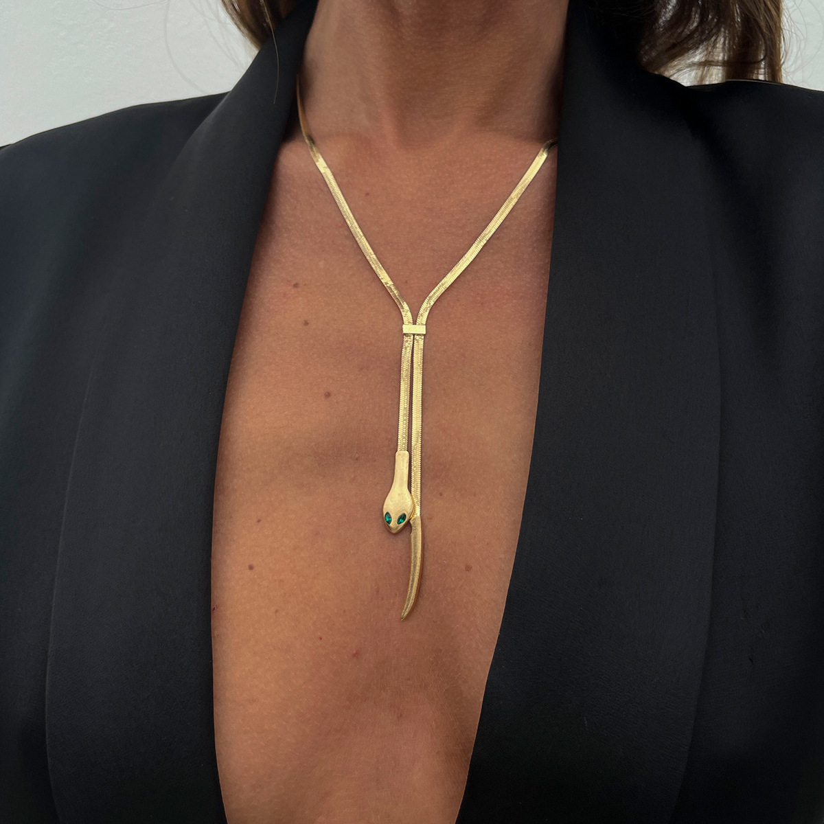European and American cross-border jewelry, fashionable flat snake woven alloy necklace, simple tassel snake head pendant, collarbone chain details Picture