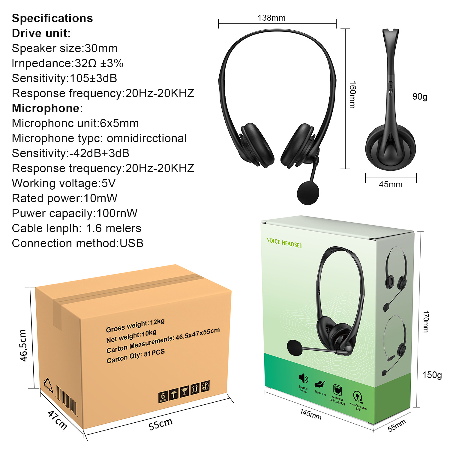 Wholesale single-ear customer service call center headsets, noise-cancelling microphones, 3.5 audio control headphones, over-ear Type_C crystal head Specification drawing