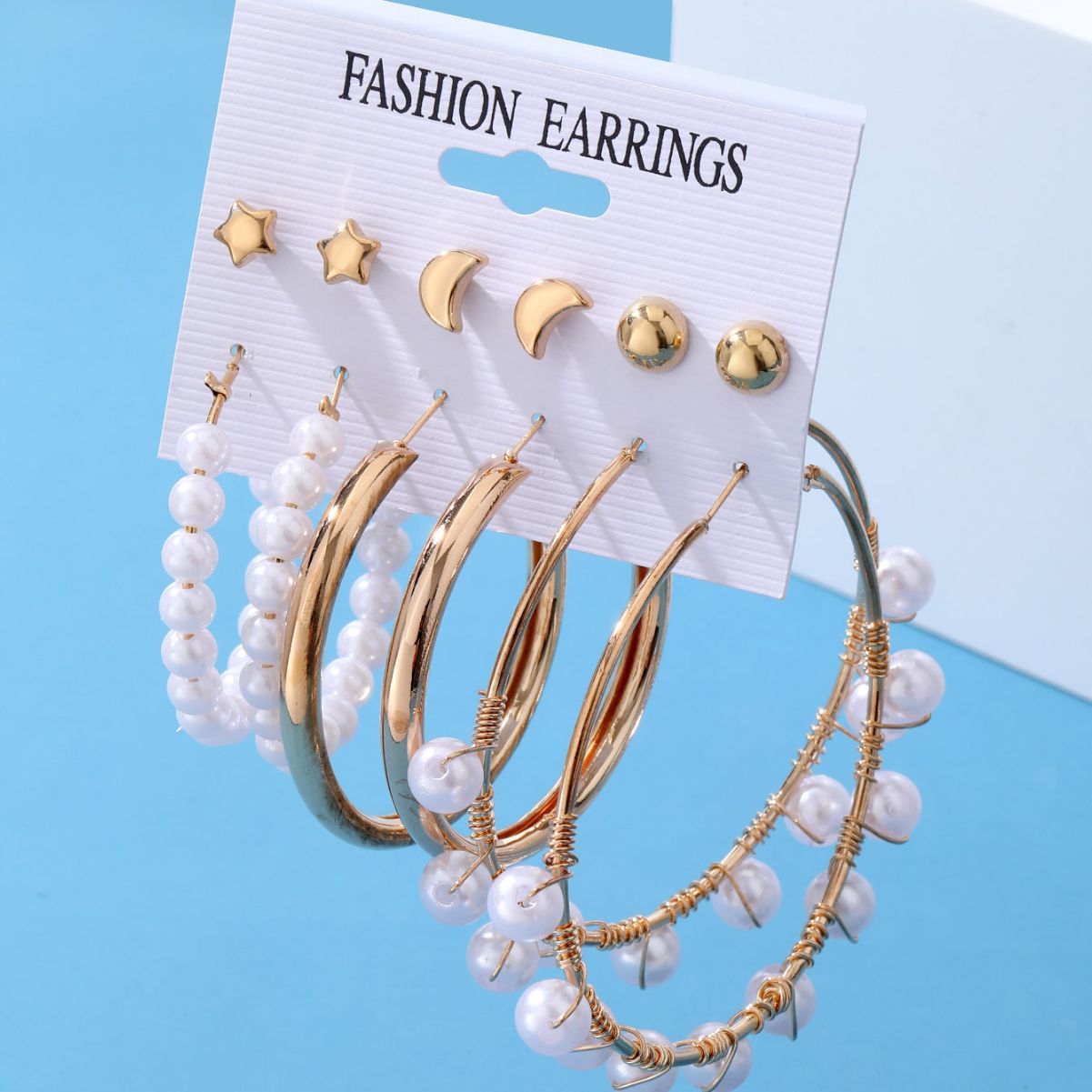 Wholesale of new cross-border geometric earring set of 6 pieces, creative, simple and retro round heart-shaped pearl earrings Specification drawing