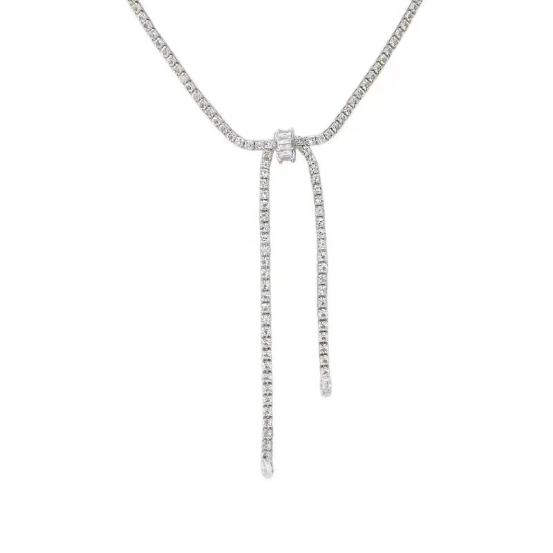 Diamond-encrusted zircon bow necklace, InS-style fashionable pull-out neckchain, collarbone chain, simple and elegant, light luxury necklace Item Picture