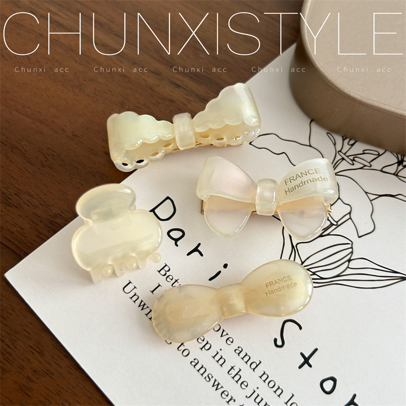 Cute jelly-colored acetate bow hair clip with a side clip, a sweet and girlish bangs clip Specification drawing