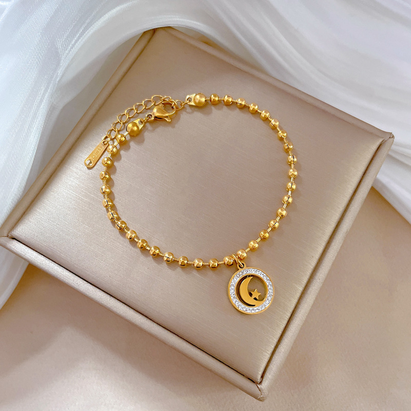 【 All-titanium Steel 】 Dongdaemun Personalized Star Moon Mud Diamond round bead furnace gold bracelet Female Internet celebrity retro best friend Application Scenario