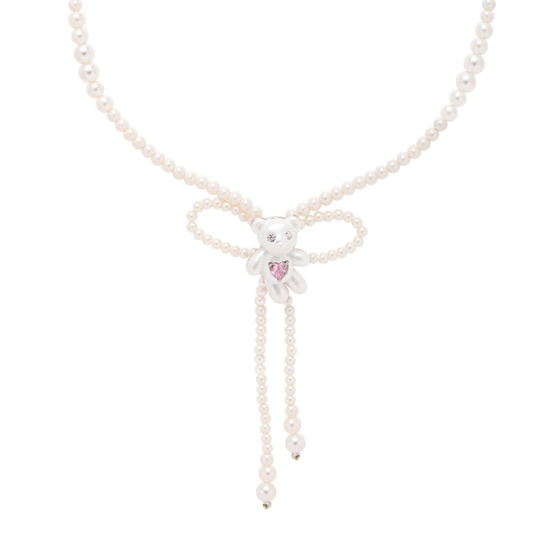 Sweet white bear pearl necklace, fashionable design sense, exquisite collarbone chain, ins original style bow necklace Item Picture