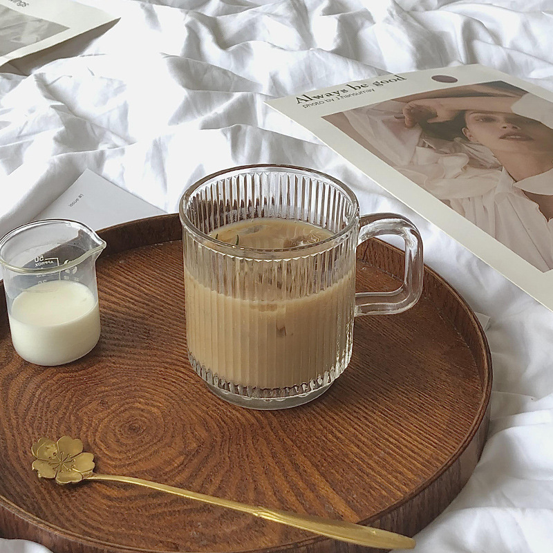 ins French-style glass water cup with handle, coffee milk cup, striped cup, coffee cup, cold drink cup, water cup for women details Picture