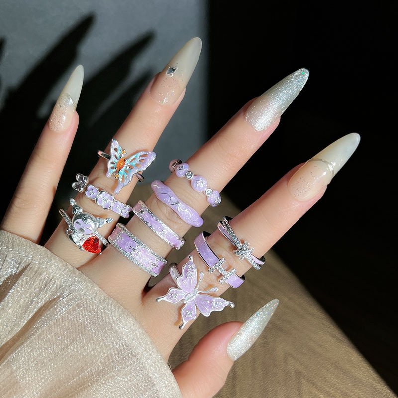 French sweet and iridesy light pink purple drip glaze open ring, female butterfly iris flower best-selling frosted niche ring Specification drawing