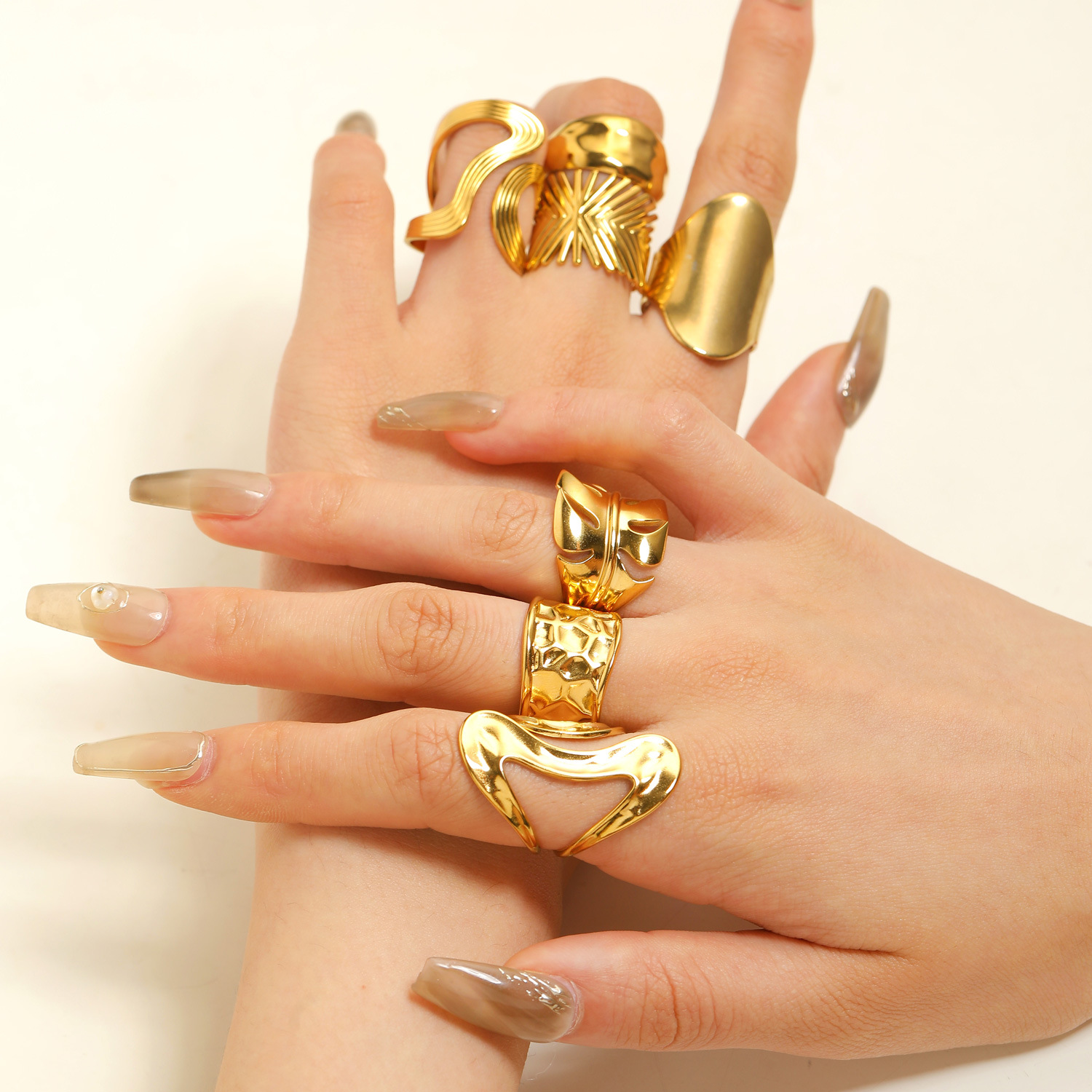 European and American high-end stainless steel irregular ring opening cross-border personality exaggerated geometric joint ring lady details Picture