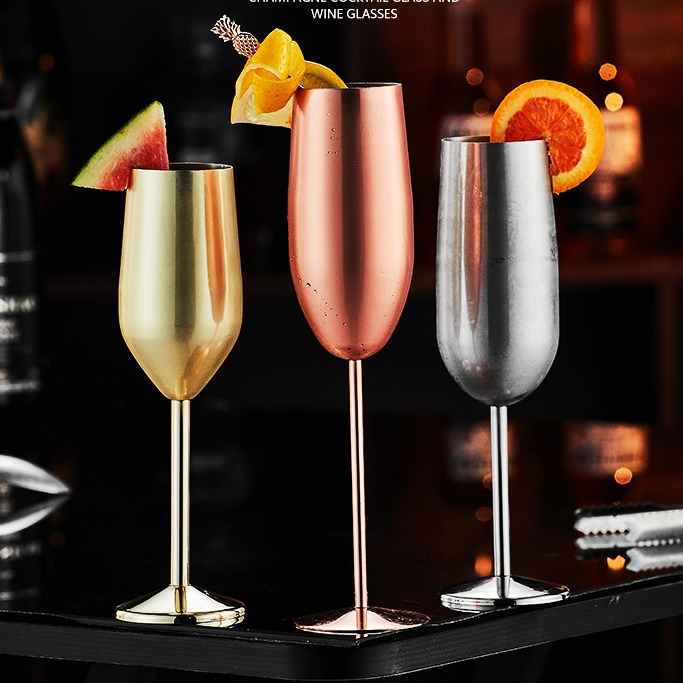 Foreign trade 304 stainless steel champagne glasses, red wine glasses, cocktail glasses, creative metal wine glasses, bar and restaurant highball glasses details Picture