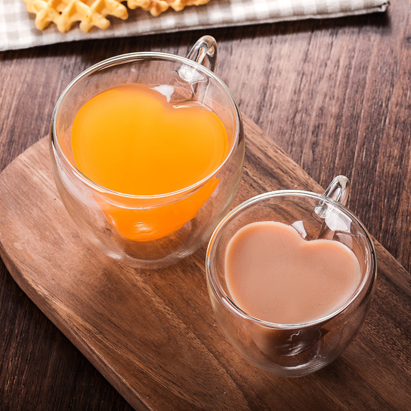 Creative double-layered glass cups, romantic heart-shaped double-layered cups, cute milk tea cups with handles, and internet-famous coffee cups full figure