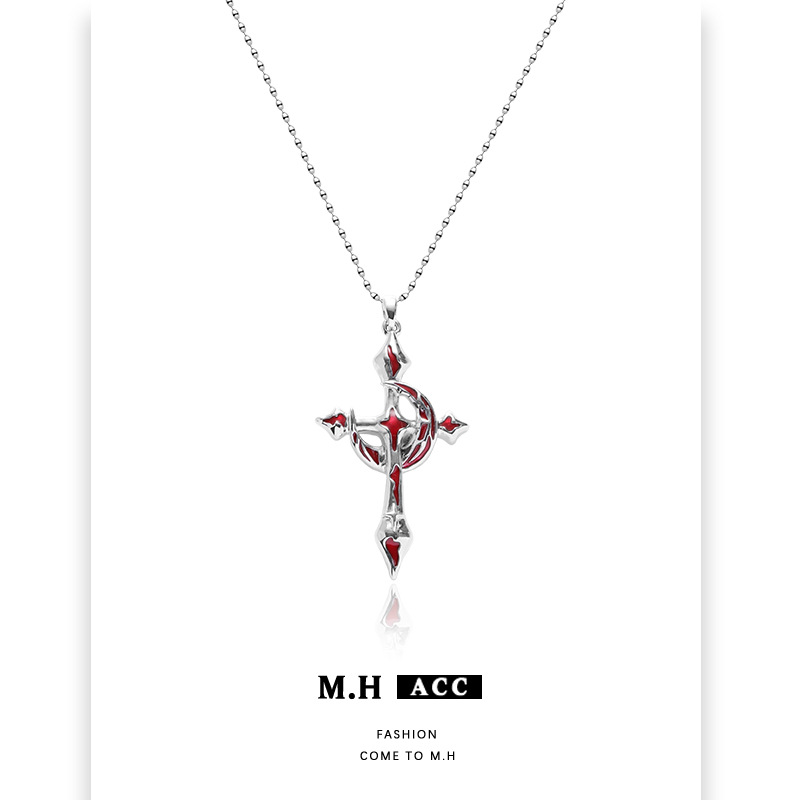 Blood Moon Cross Pendant Necklace Cross-border 2025 New style sweet and cool high-end neckchain Dark style collarbone chain full figure