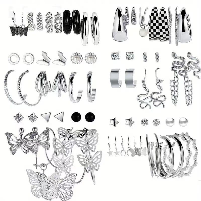 Wholesale set of 34-pair geometric diamond-encrusted earrings and creative hollowed-out butterfly earrings from cross-border Amazon in Europe and America full figure