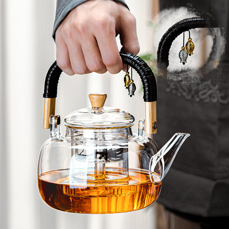 Chinese-style teapot for both home and office use, with a rattan handle for tea ceremony, large-capacity dual-purpose for steaming and boiling, and heat-resistant glass kettle details Picture