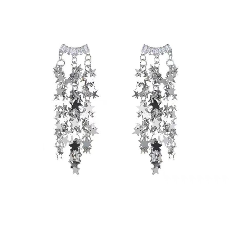 The 2025 new trendy sequined five-pointed star earrings for women, long tassels, elegant and light luxury, super fairy-like, internet-famous stud earrings Item Picture
