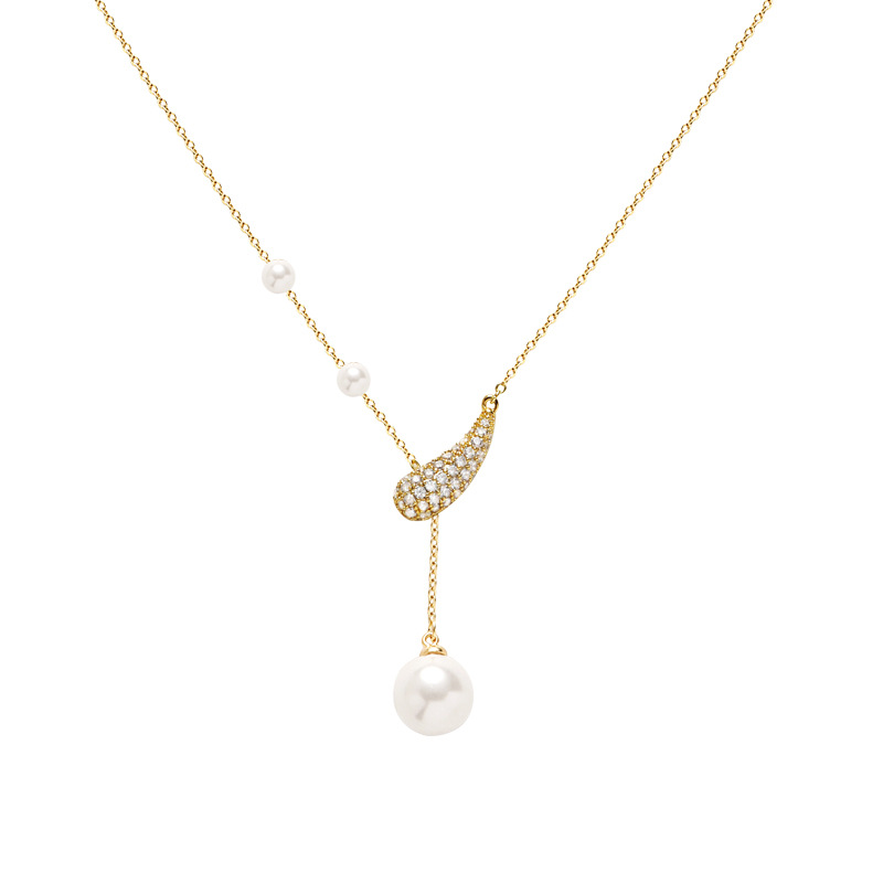 Asymmetrical pearl zircon necklace for women, simple gold collarbone chain, ins brass gold-plated fine chain pendant Item Picture
