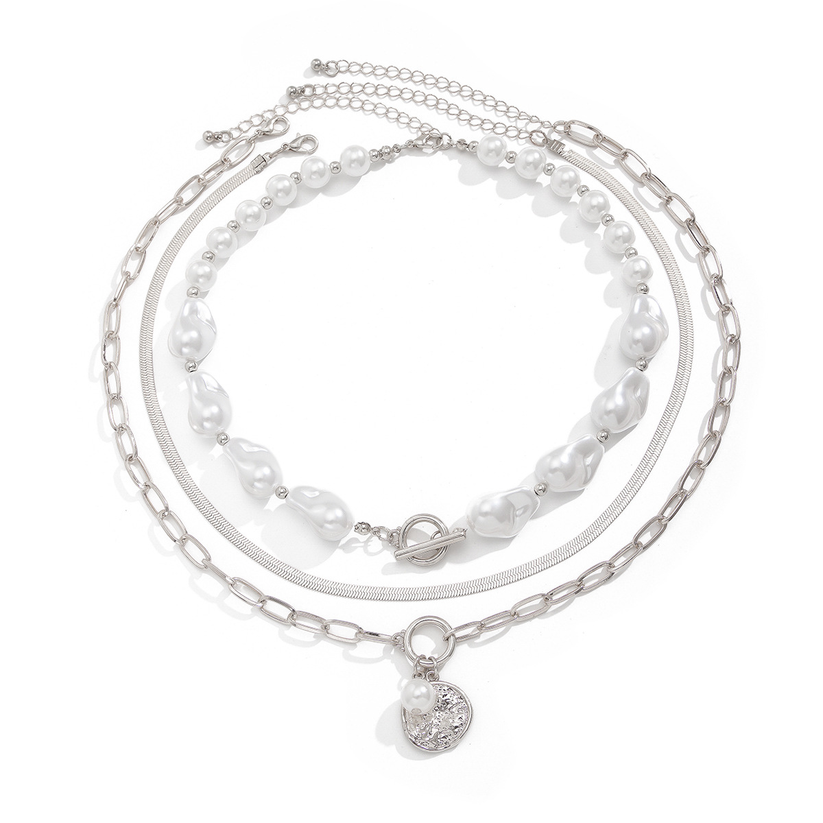 European and American cross-border jewelry, Baroque irregular-shaped pearl collarbone chain, retro metal feel round piece pendant, multi-layer necklace Item Picture