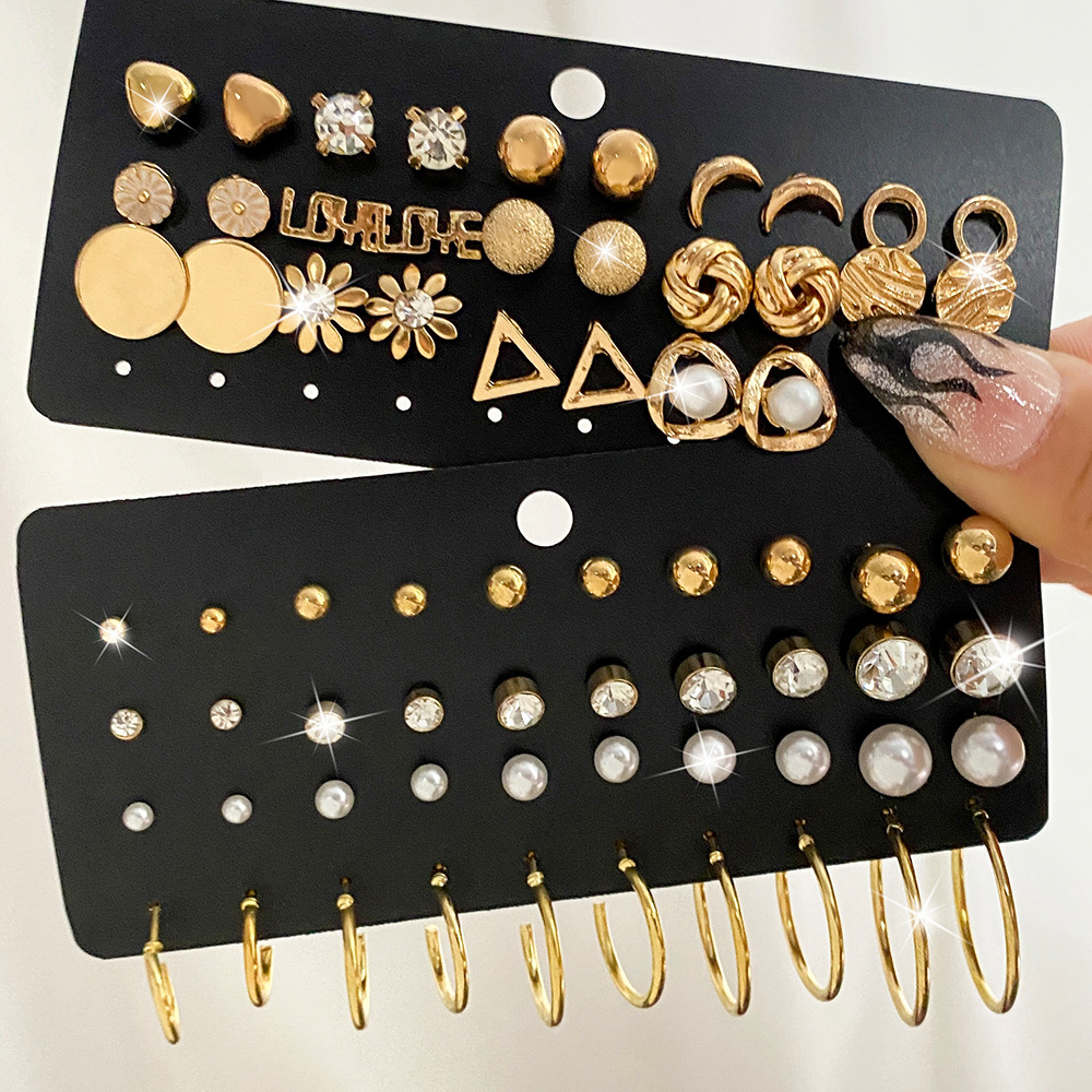 Wholesale of 20 pairs of new cross-border pearl zircon ear stud sets from Europe and America, featuring creative, retro, simple and elegant style details Picture