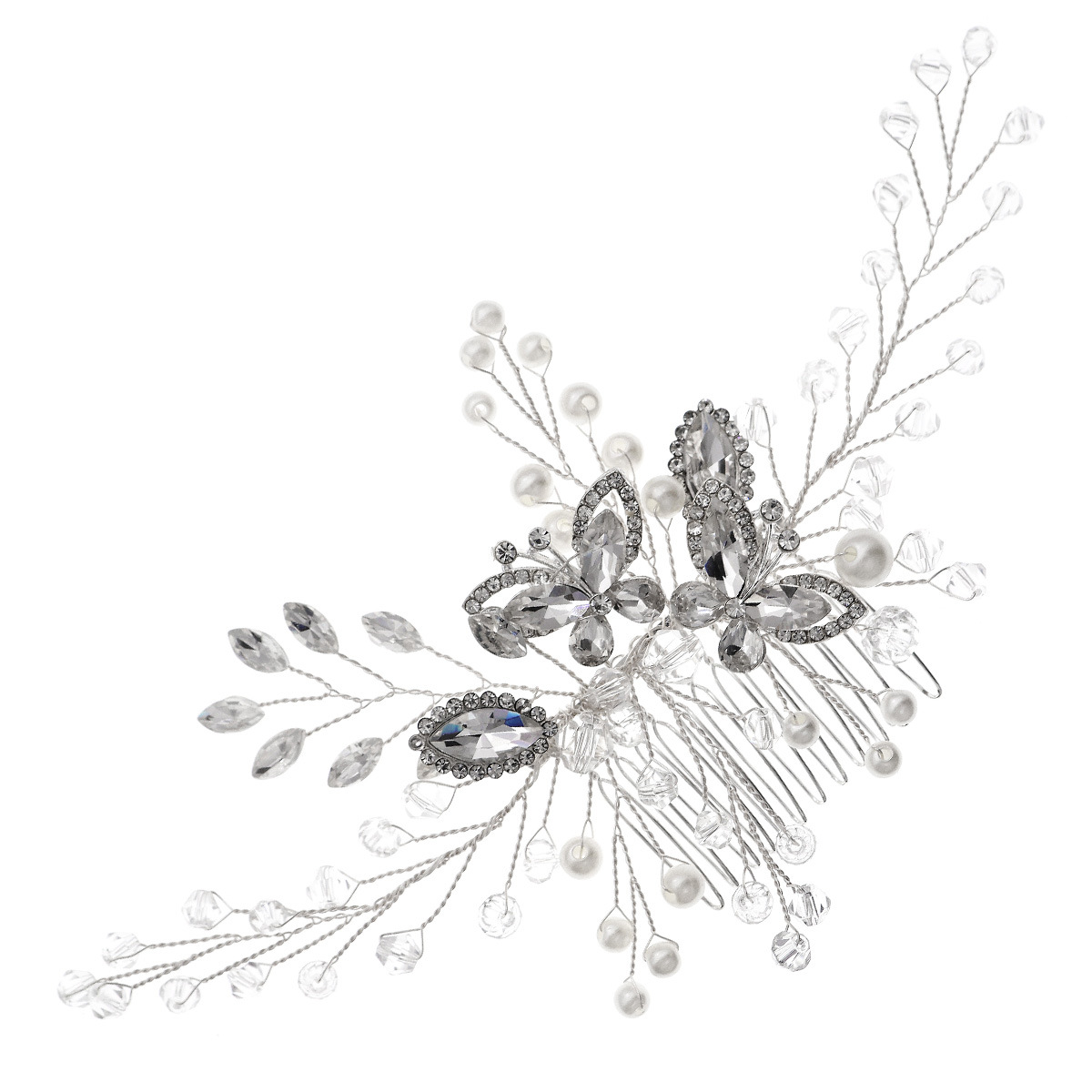 European and American bridal accessories, crystal butterfly hair comb, high-end wedding headwear, handcrafted rhinestone and pearl hair bun comb Item Picture