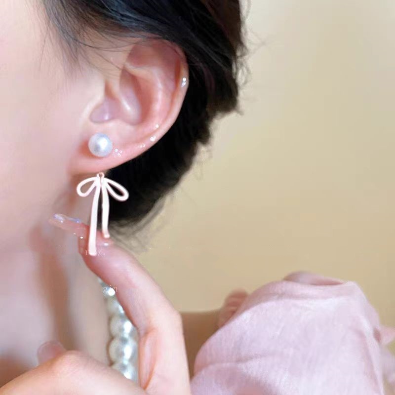 Pink bow double-wear pearl stud earrings, unique back-hanging earrings for girls in summer, with a light luxury and high-end feel Specification drawing
