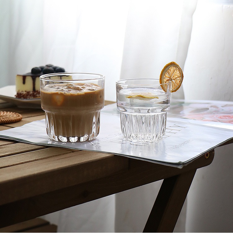 Retro household beverage cups, glass water cups, transparent cold brew latte glass small cups, stackable American iced coffee cups Application Scenario