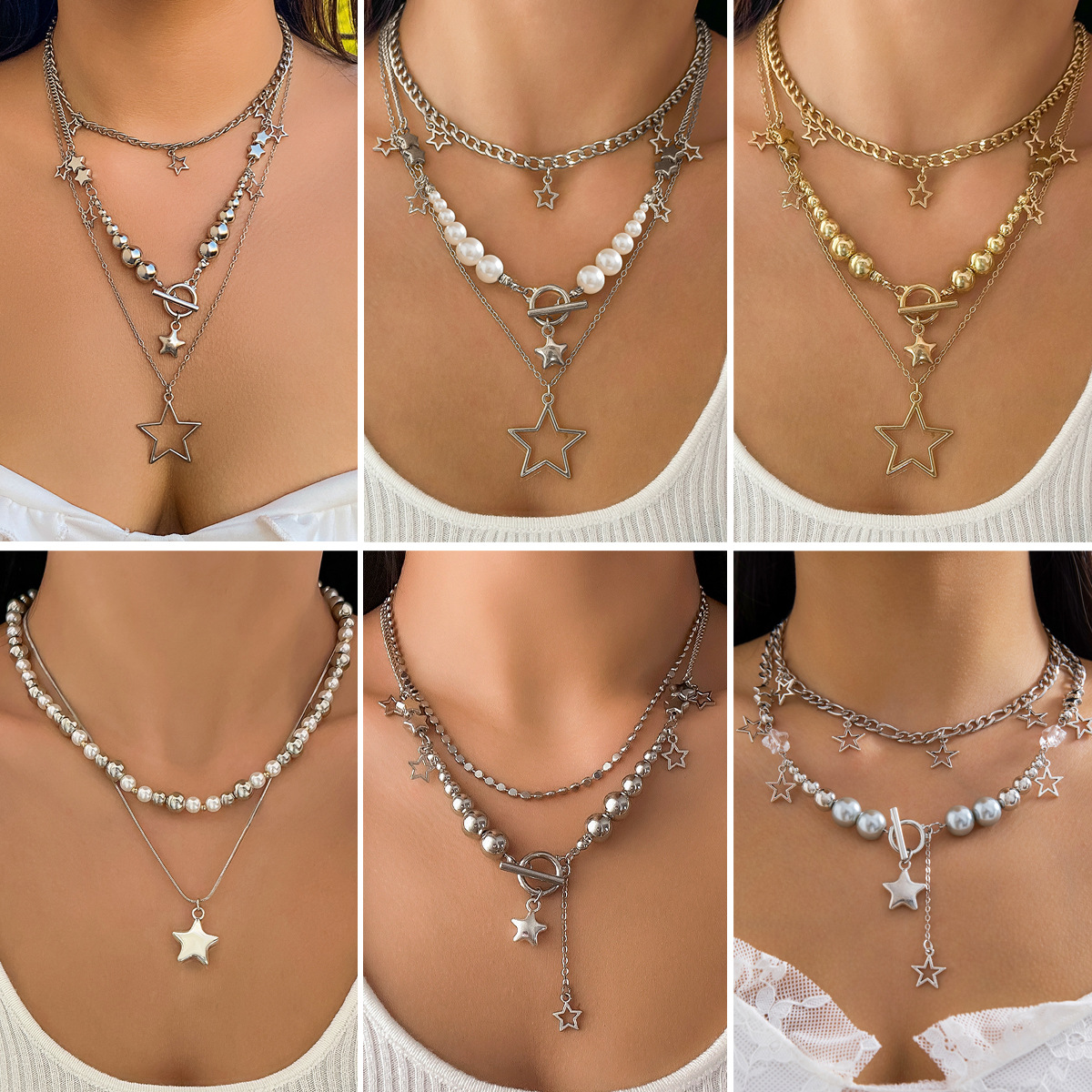 European and American cross-border accessories, spicy girl style, small star-shaped tassel set necklace, female hip-hop round bead cold necklace full figure