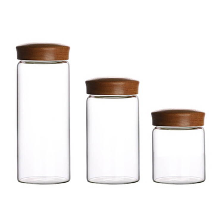 Large threaded mouth acacia wood storage jar, kitchen storage jar, sealed glass jar, glass sugar jar for grains and cereals Item Picture