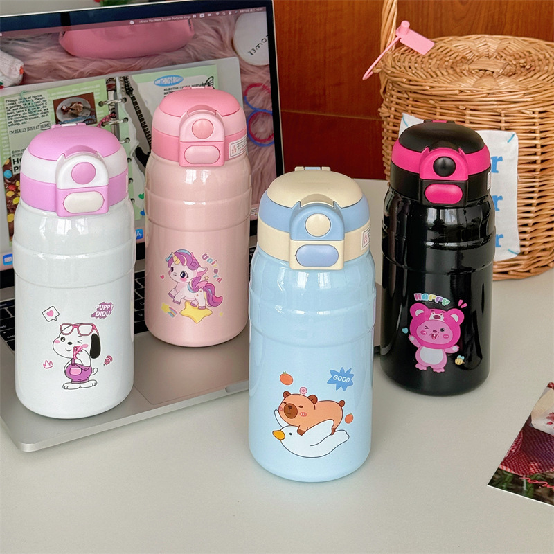 Cute and fun cartoon double-drinking insulated cup, girls' high school appearance level, outdoor portable stainless steel children's insulated cup with handle rope details Picture