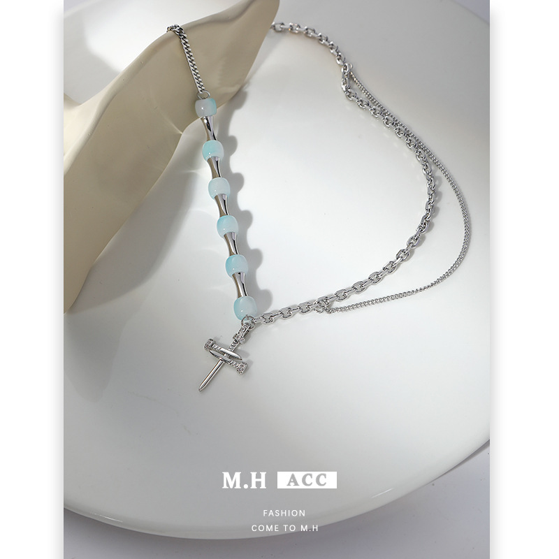 Blue beaded cross necklace, women's chain, fashionable hip-hop sweater chain, exquisite and versatile, cold style necklace wholesale Specification drawing