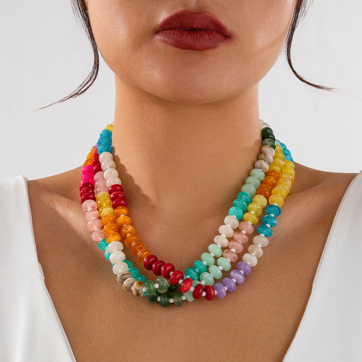 European and American cross-border jewelry: Fresh and cute rainbow acrylic beaded collarbone chain, sweet dopamine irregular necklace full figure