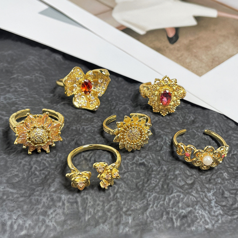 European and American cross-border heavy industry flower opening ring, women's light luxury and high-end feel, sunflower sweet and cool style, versatile index finger ring details Picture
