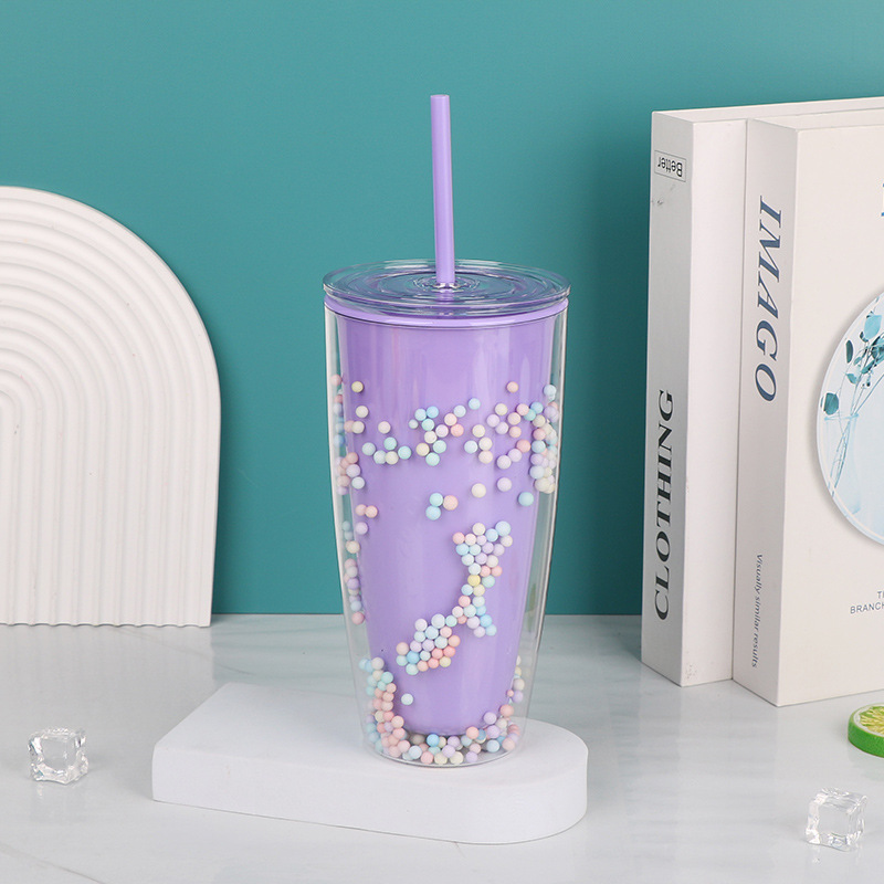 【 Customized Processing 】 Wholesale of straw water cups, popular foam double-layer crushed ice cups, fashionable plastic cups, and couple suction cups Specification drawing