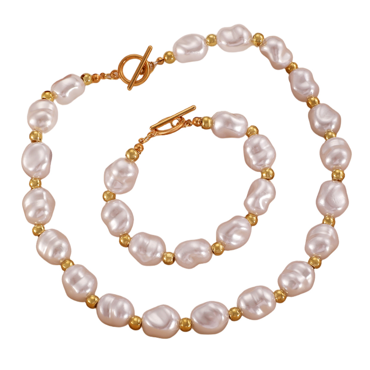 Foreign trade OT buckle jewelry, cross-border accessories, high-end, irregular-shaped, Baroque pearl necklace, bracelet set for women Item Picture