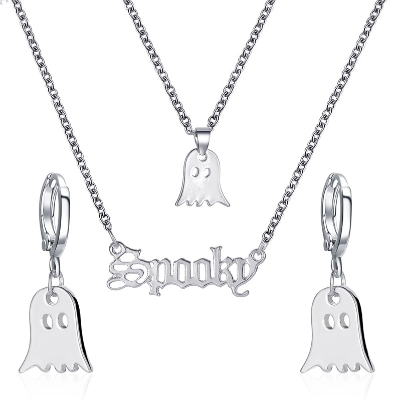 New European and American set: Simple and fun double-layer letter Little ghost necklace, funny little elf earrings, Halloween accessories Item Picture
