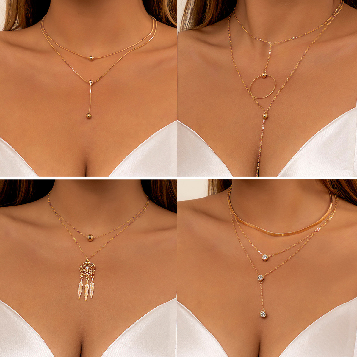 European and American cross-border jewelry, retro geometric round ball pendant, double-layer necklace, niche dream catcher, versatile necklace full figure