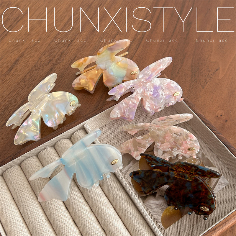 YD Acetic acid ethereal butterfly grappling clip, Fairy medium size, shark clip at the back of the head, half-tied hair clip, high and low bun hair accessory Specification drawing