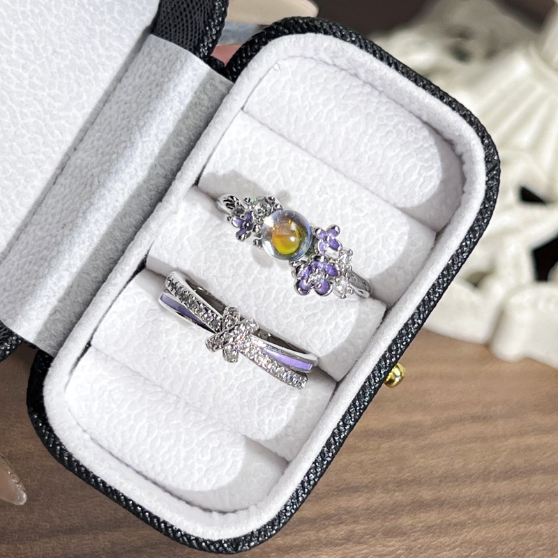 A new French sweet and cool purple glazed moonstone moonstone personalized open ring, a delicate and unique light luxury ring for women Specification drawing