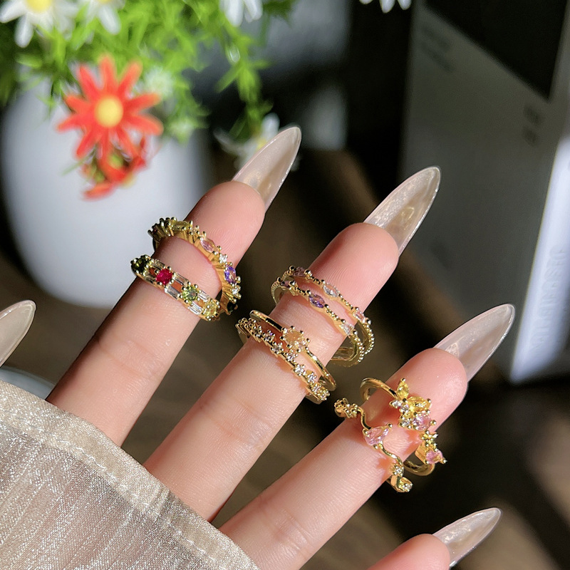 New light luxury student sweet slightly inlaid colored diamond open ring for women, double-layer exquisite, fashionable, niche and cold style ring details Picture