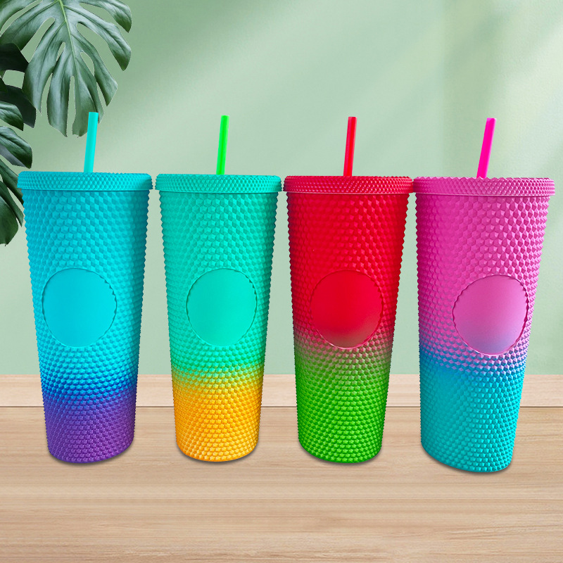【 Processing and Customization 】 Creative plastic gradient double-layer straw cup available in multiple colors, 710ml colored plastic cup full figure